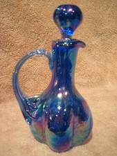 RARE Vintage Fenton Iridescent Cobalt Blue Levay Carnival Art Glass Cruet  picture
