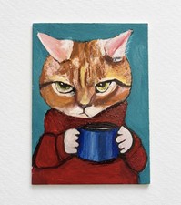 Emotionally Unavailable Coffee Cat ACEO Original Painting Cute Funny Grumpy Cat  picture