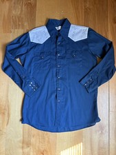 Vtg 70s Embroidered Western Shirt L USA 16.5 24 Blue Rockabilly Lace Pearl picture