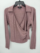 Lulus Top Womens Medium Maroon Space Dye Mock Wrap Collared Long Sleeve Boho picture