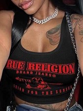 True Religion Style Crop Tank Top Women’s Y2K Streetwear Black White Graphic picture