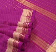 Sushila Vintage Pure Handloom Cotton Saree Checks Woven Zari Brocade Sari Fabric picture