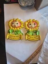 Vintage 1973 Miller Studio Chalkware Anthropomorphic Smiling Sunflower Plaques picture