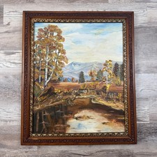 Vintage 60s Original Signed Autumn Landscape Painting Framed Mountain River Art picture