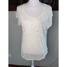 Express Ivory White Burnout Lace Floral Damask Scoop Neck Top NWT Medium picture