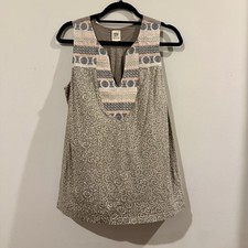 Anthropologie Tiny Tank Top M Olive Green Embroidered Boho Split Neck Blouse picture