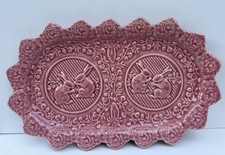 Bordallo Pinheiro Pink Rabbit Platter 13x8 Majolica Bunny Serving Tray MINT  Vtg picture