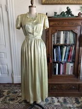 Vintage 1930s Celery Green Liquid Satin Square Neck Formal Maxi Dress Full Skirt picture