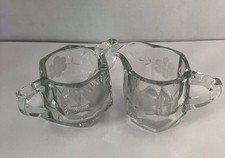 Creamer and Sugar, Etched and Clear, Flowers, Starburst Bottom. Vtg picture