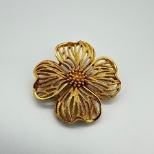 TRIFARI Vintage Flower Brooch Gold Tone Textured Floral Pin Large OS picture