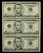 3 Consecutive 1999 $5 FRN US Federal Reserve Notes - FR1999G* Star -UNC- CA2304 picture