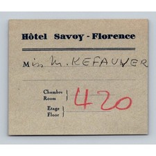 1940s Florence Savoy Hotel Key Tag Mrs. Kefauver Room 420 Italy Ephemera picture