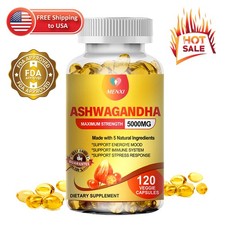 Organic Ashwagandha Capsules 5000mg Strong Stress & Adrenal Support 120 Capsules picture