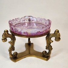 Fenton Empress Lotus Pink Opalescent Iridescent Pillar Candle Brass Stnd Sticker picture