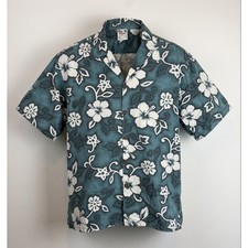 Vintage Go Barefoot Hawaiian Shirt XL Teal Hibiscus Floral Cotton USA Button Up picture