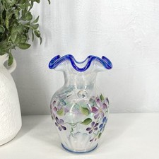 Fenton French Opal Iridescent Spiral Hand Painted Vase Signed 95th Anniversary picture