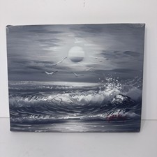 Vtg Monochromatic Original Oil Grayscale Painting Grayscale Ocean Waves 8x10 picture