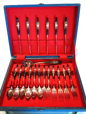 Vintage Lebanon Jezzine Carved Birds Silverware Set Original Case Mid Century picture