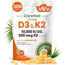 VEV Vitamin D3 K2 10000 IU with Coconut Oil 300 Softgels NEW picture