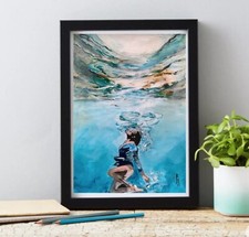 Underwater Swimmer Woman Swimming Blue Screen Numbered Print Original Painting picture