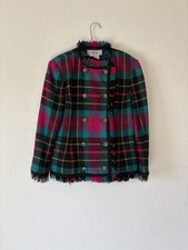 VTG Carlisle Wool Plaid Skirt Suit Set Tartan Fringe Double Breasted Jewel Butto picture
