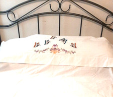 Vtg White Cotton Top Sheet Hand Embroidered 92 x108 Basket Flowers Butterflies picture