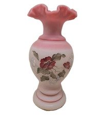 Fenton Rosalene Satin Glass Vase Hand Painted Floral Signed D Barbour Ruffled picture