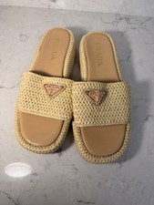 PRADA Women’s Beige Cotton Blend Logo Slide Sandals Slip On US 10.5 picture