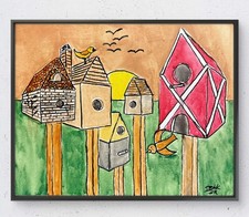 Original Hand Painted 11x14 Folk Art Bird Houses Canvas Signed Acrylic Art picture