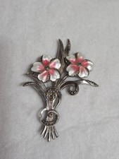 Vintage Brooch Large Enamel Flower Bouquet 1930s-40s Sterling With Marcasites BB picture