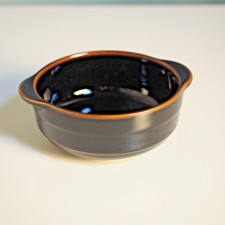 Vintage Tachikichi Japanese Ceramic Handled Black Bowl 2 Dark Brown Bands Rim picture
