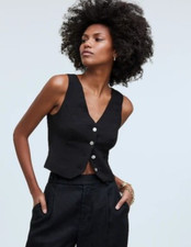 NWT Madewell Katrina Black Cropped Softdrape V-Neck Button Front Vest Sz 12 picture