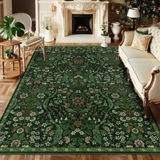 5×7 Dark Green Washable Floral Area Rug Vintage Boho Soft Low-Pile Stain picture