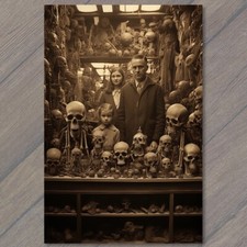 POSTCARD Weird Creepy Skull Girl Skeleton Death Family Halloween Cult Unusual picture