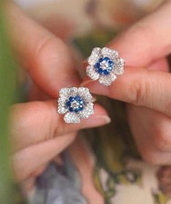 2 Ct Round Simulated Sapphire Women's Flower Stud Earring 14k White Gold Plated picture