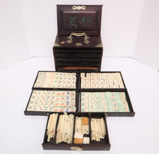 ATQ MAH JONGG SET BONE BAMBOO RARE HAND Carved mahjong THICK TILES Wood Case__ picture