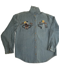 Vtg 90s Solutions Halloween Embroidered Denim Shirt PS Button-Up Ghost Bat Skele picture
