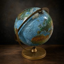 Vintage Replogle Land & Sea 12” Raised Relief World Globe MCM Brass Tone USA picture