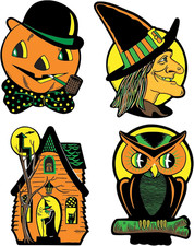 Vintage Halloween Cutouts 4-Count – Double-Sided Decorations with Retro Witch, P picture