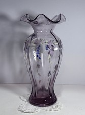 Fenton Style Purple Amethyst Glass Vase w/Ruffle- Handblown HandPainted 9” Tall picture