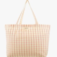 Sezane Natural Canvas Geometric Grid Plaid Shopper Tote Bag NWOT picture