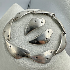 Vtg Aarre & Krogh Denmark Sterling Silver Star Panel Bracelet & Earrings MCM Set picture