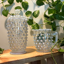 Unmarked Clear Hobnail Glass Pitcher 8 oz w/ Matching Lidded Jar, 2pc picture