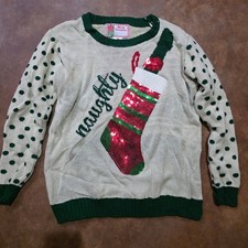 Ugly Christmas Sweater Glitter Stocking Wine Bottle Green NAUGHTY Sz LG picture
