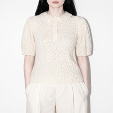 90s Vintage Cream Popcorn Knit Sweater Womens M Lace Collar Short Puff Sleeve picture
