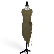 SHEIN Bodycon Dress Womens S Green Ruched Rosette Asymmetrical Mesh Forest Fairy picture