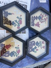 Chinese Set of 4 Hexagon Framed Wall Art Panels Relief Floral Fish Calligraphy picture