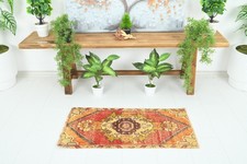 Turkish Door Mat Small Rug 1x3 Hand-Knotted Vintage Oushak Mini Rug Carpet,886 picture