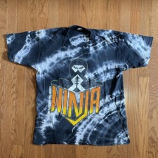 Vintage 90s Six Flags NINJA Rollercoaster Tee T-Shirt Black Tie-Dye M picture