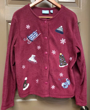 VTG 90s Croft & Barrow Cardigan Fleece Winter Applique Women’s Sz M Burgundy picture